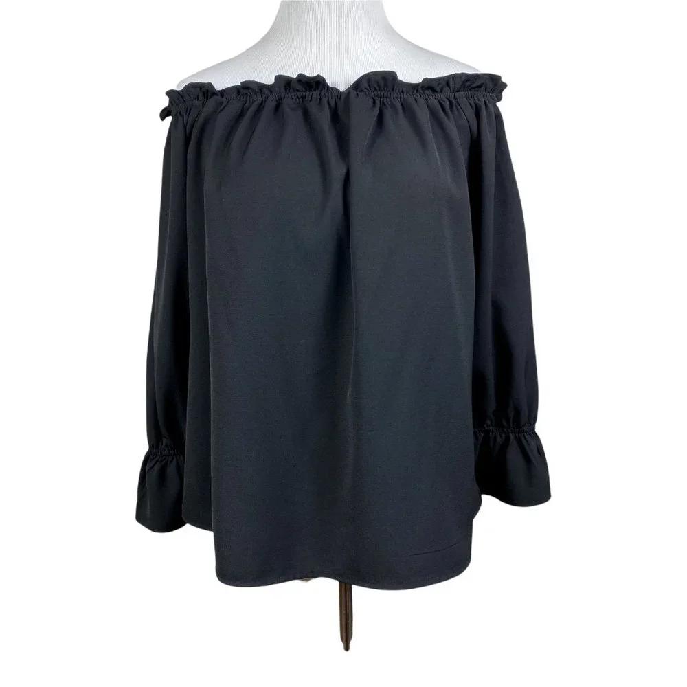Lulus Top S Off The Shoulder Black Ruffle 3/4 Sleeve Solid Dressy Blouse - Picture 2 of 10